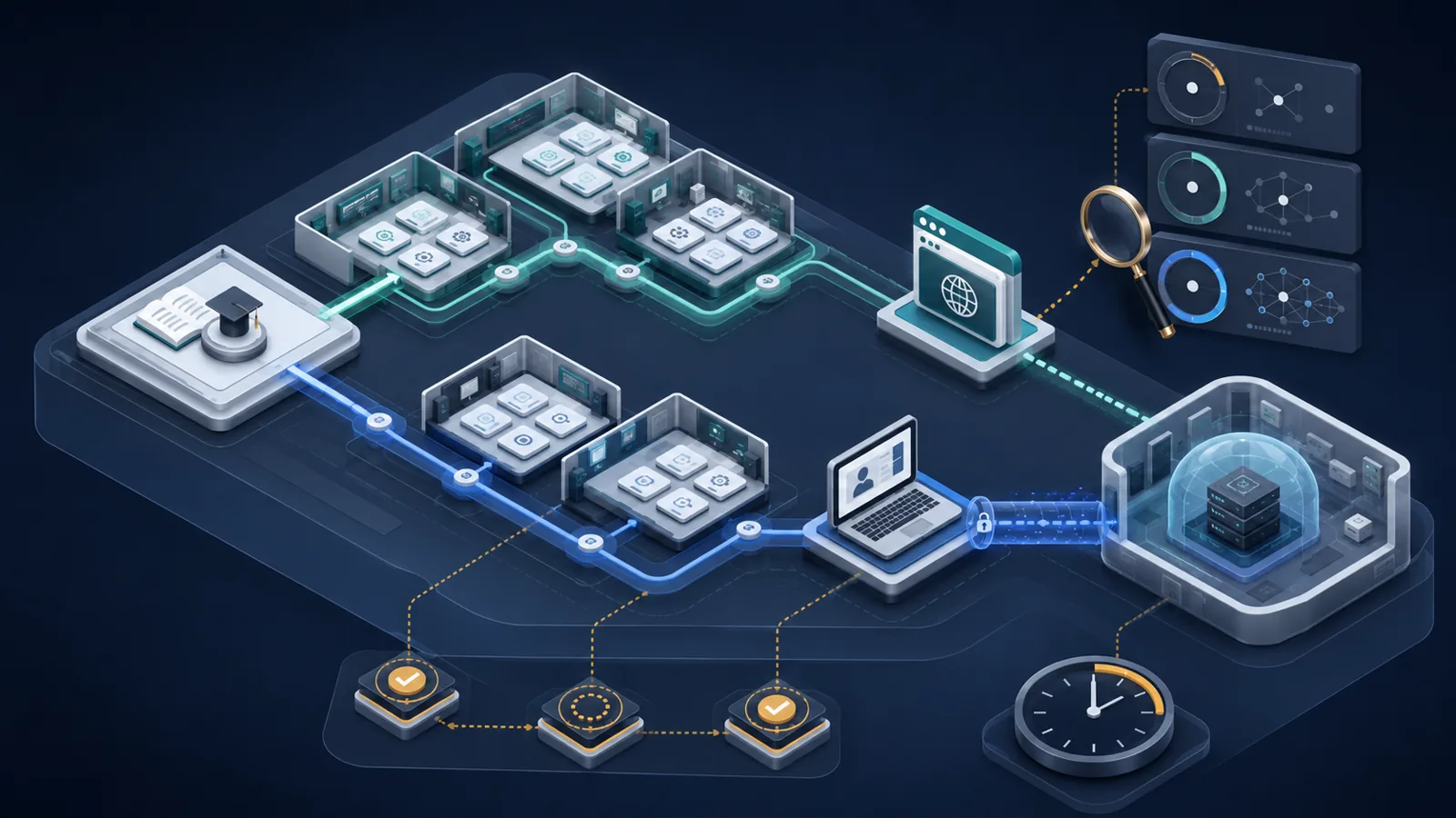 Abstract illustration of a modular cybersecurity learning platform with connected paths, browser workspace, access checkpoints, and time controls.