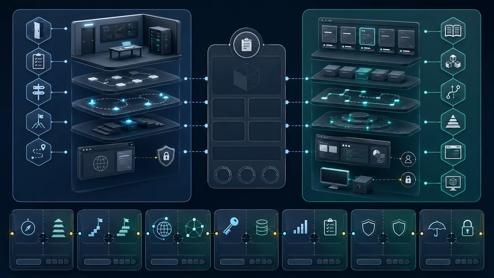 Comparison illustration of TryHackMe and HTB Academy learning workflows, browser lab routes, and navigation modules.