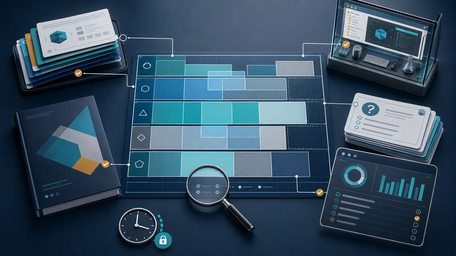Abstract objective-mapping workbench with course cards, coverage lanes, access checkpoints, and a magnifying glass.