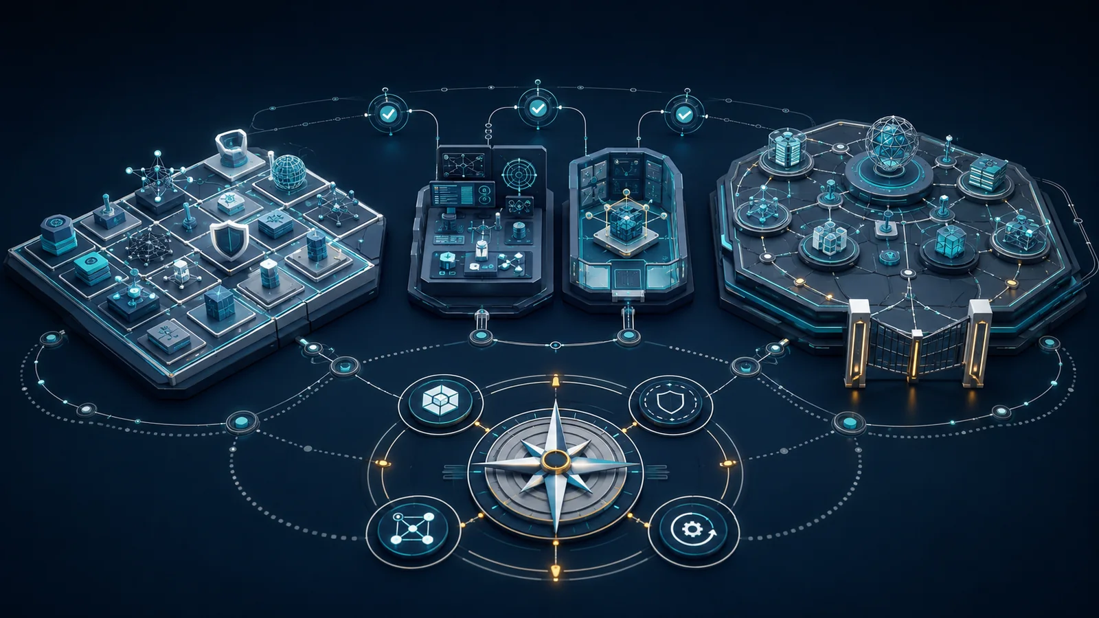 Conceptual illustration of three cybersecurity certification stages arranged around a decision compass.