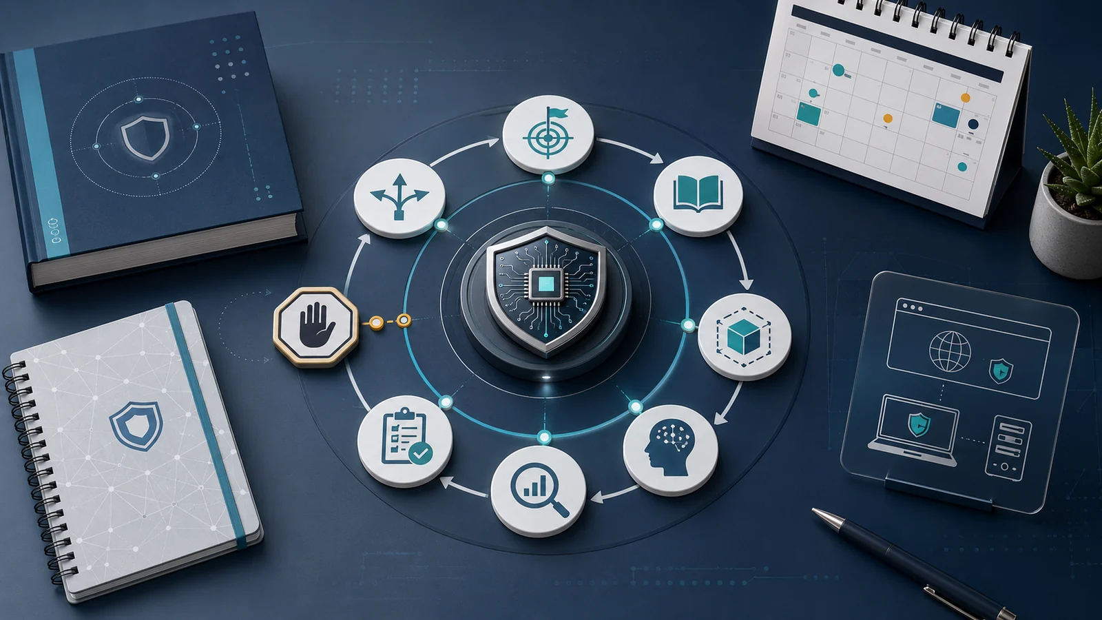 Abstract course-and-lab study plan with a central cybersecurity learning loop, review checkpoints, and workspace cues