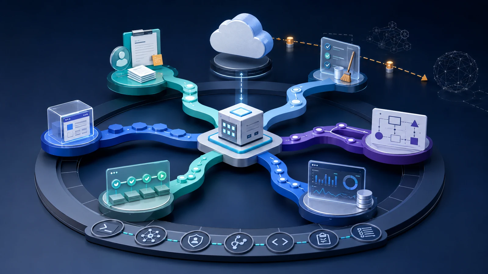 Cloud and DevOps learning path map connecting foundations, role routes, deployment, infrastructure, containers, and observability checkpoints.