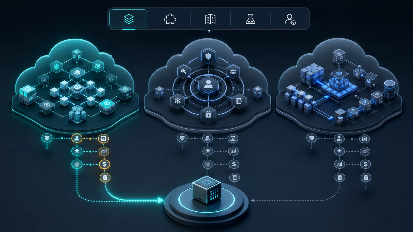 AWS, Azure, and Google Cloud learning paths shown as separate cloud routes with shared identity, deployment, and cleanup checkpoints.