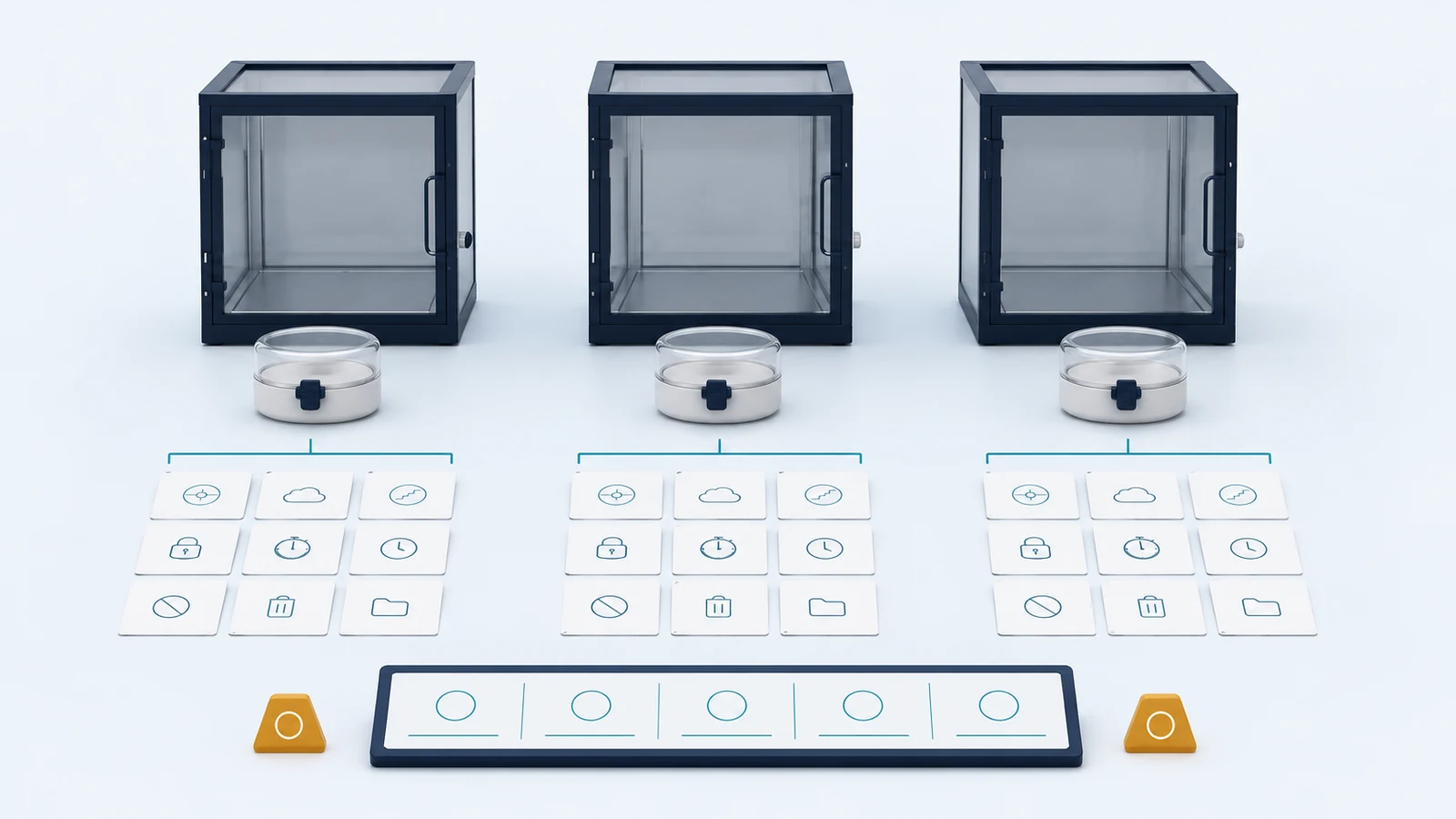 Provider-neutral illustration of three cloud lab workspaces with access, guidance, and practice checkpoints.