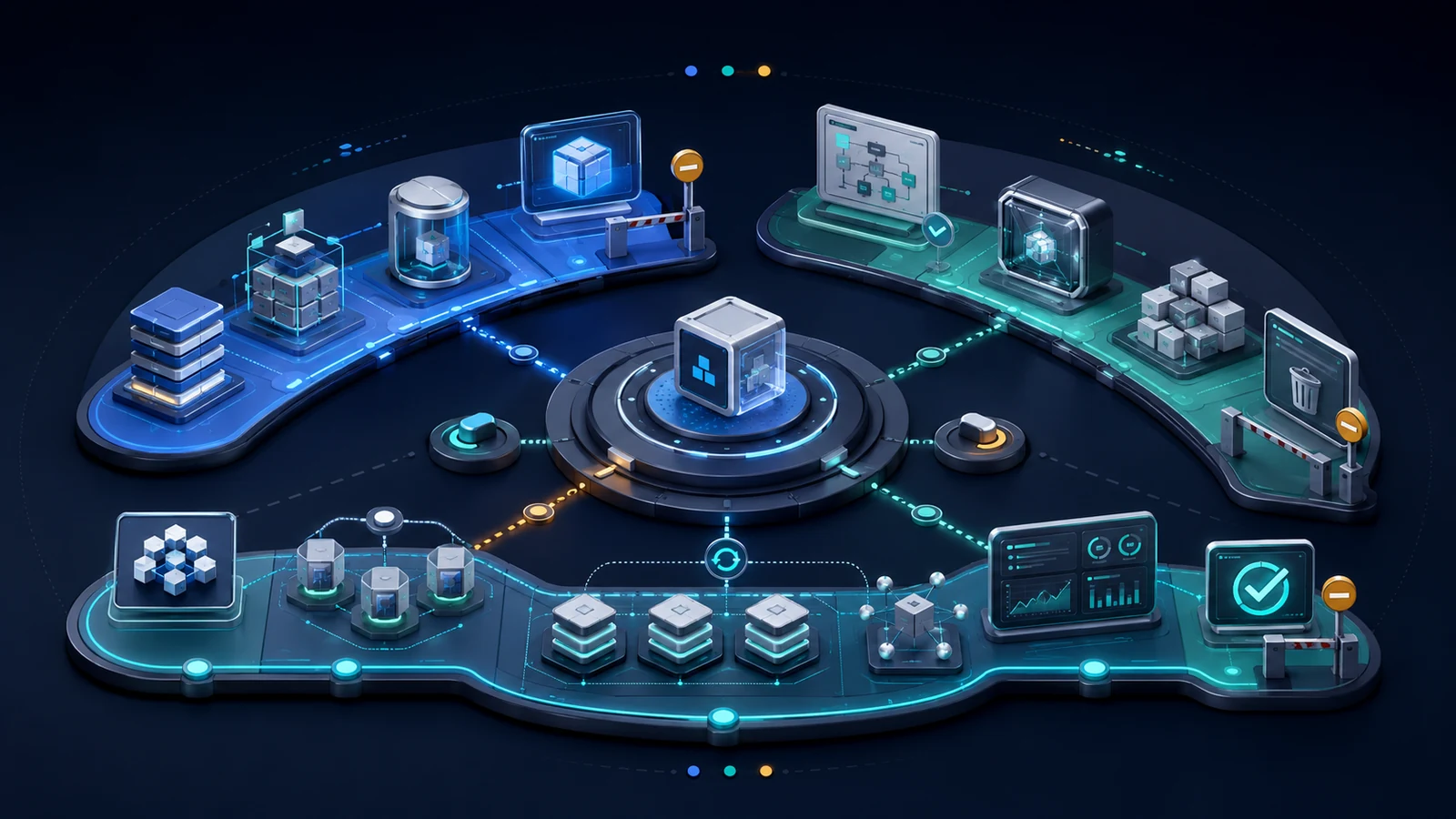 Provider-neutral illustration of Docker, Kubernetes, and Terraform learning sequence capabilities, handoffs, and stop conditions.