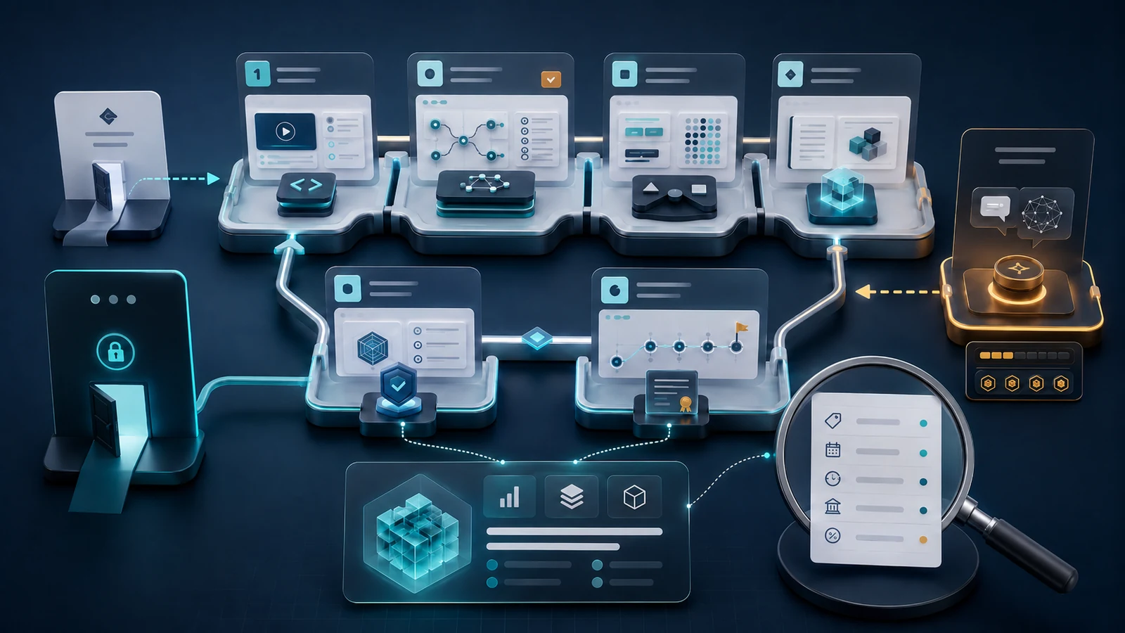 Provider-neutral illustration of a structured data-learning system with courses, practice, projects, assessments, and commercial checkpoints.