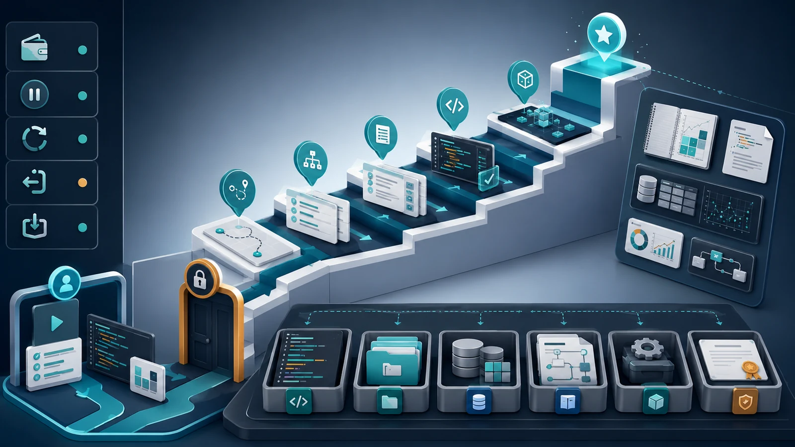 Provider-neutral illustration of a structured data-learning path with courses, lessons, guided projects, exports, and a documented buyer checkpoint.