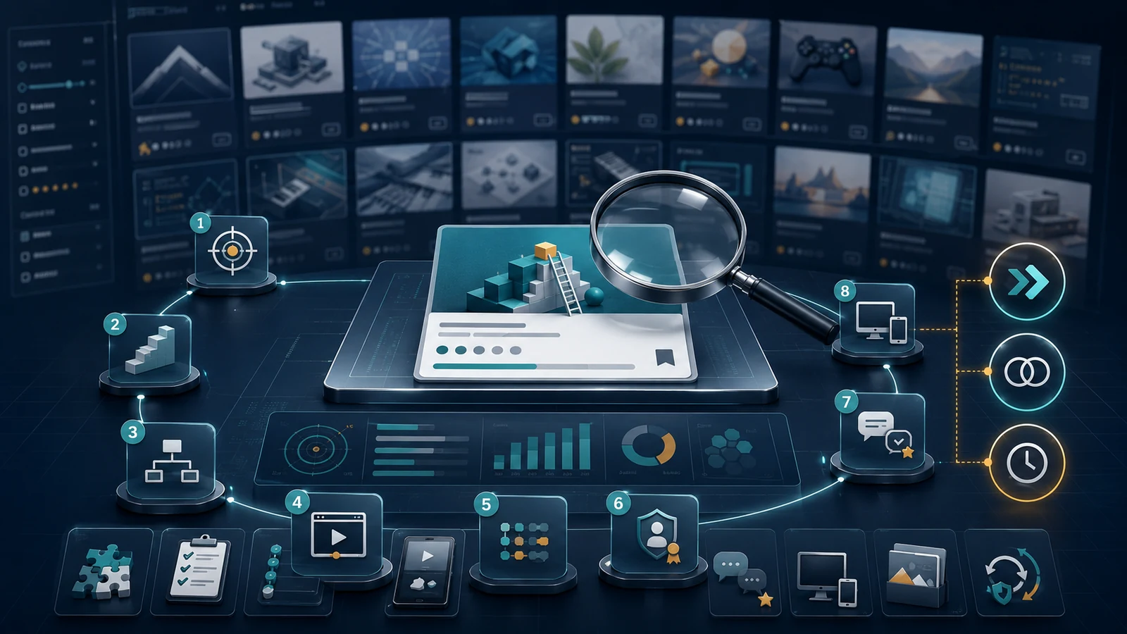 Provider-neutral illustration of a Udemy course-audit workflow connecting discovery signals, curriculum checks, access terms, and buyer-fit evidence.