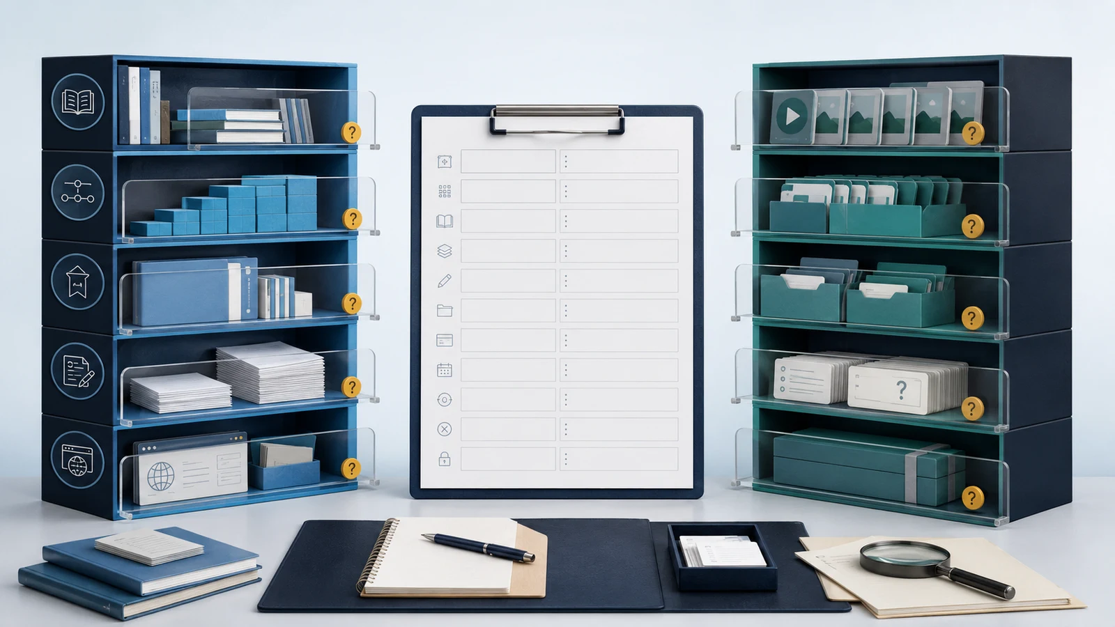 Illustration of two learning subscription libraries compared with a checklist for access, practice, credentials, and exit terms.