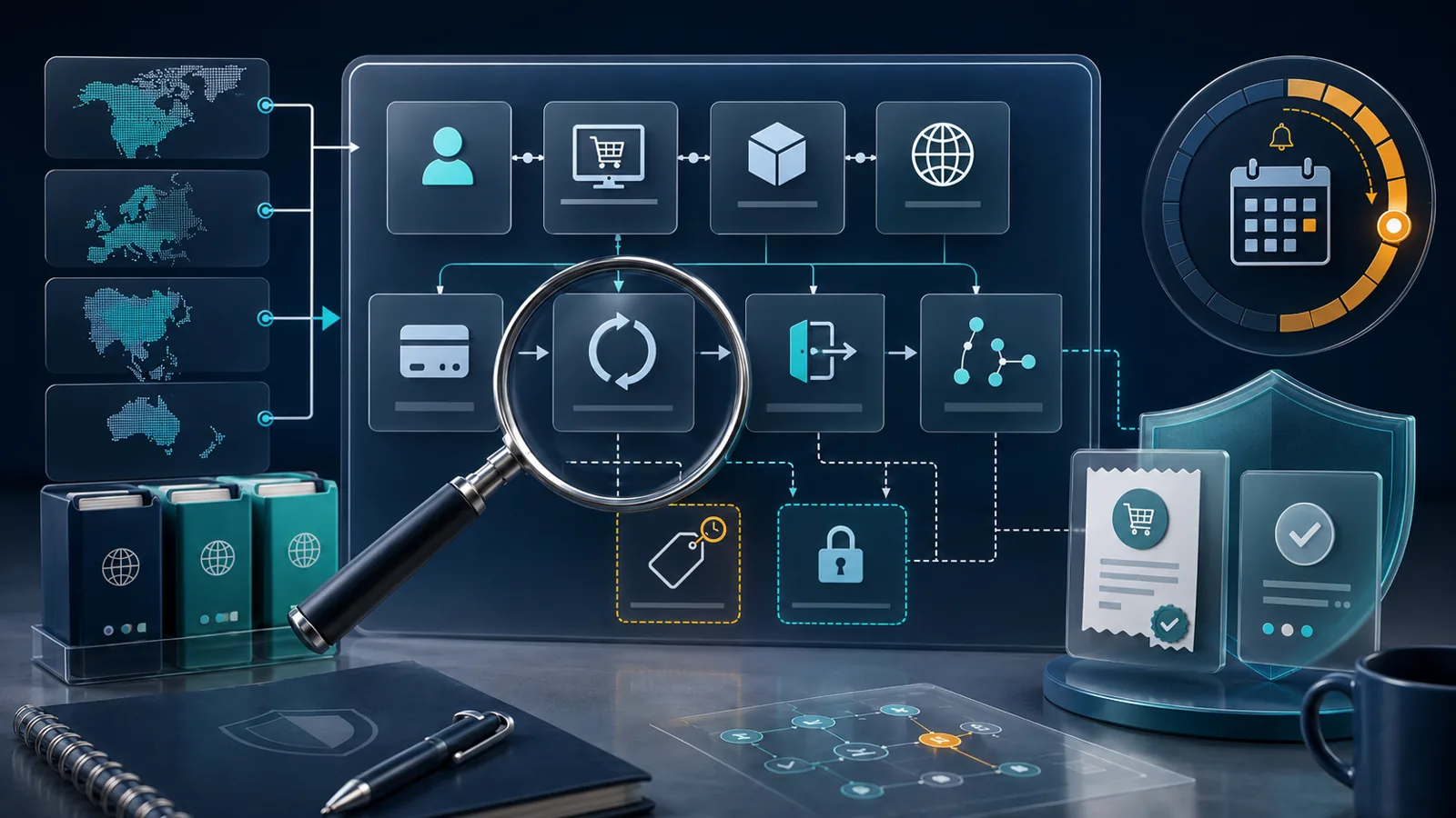 Abstract pricing-risk workflow connecting regional billing, renewal, cancellation, refund, and purchase-record signals.