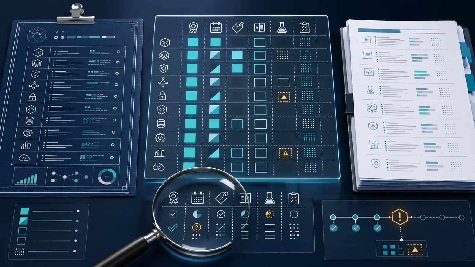 Abstract certification objective-mapping grid connecting issuer versions, dates, domains, course evidence, and visible gaps.
